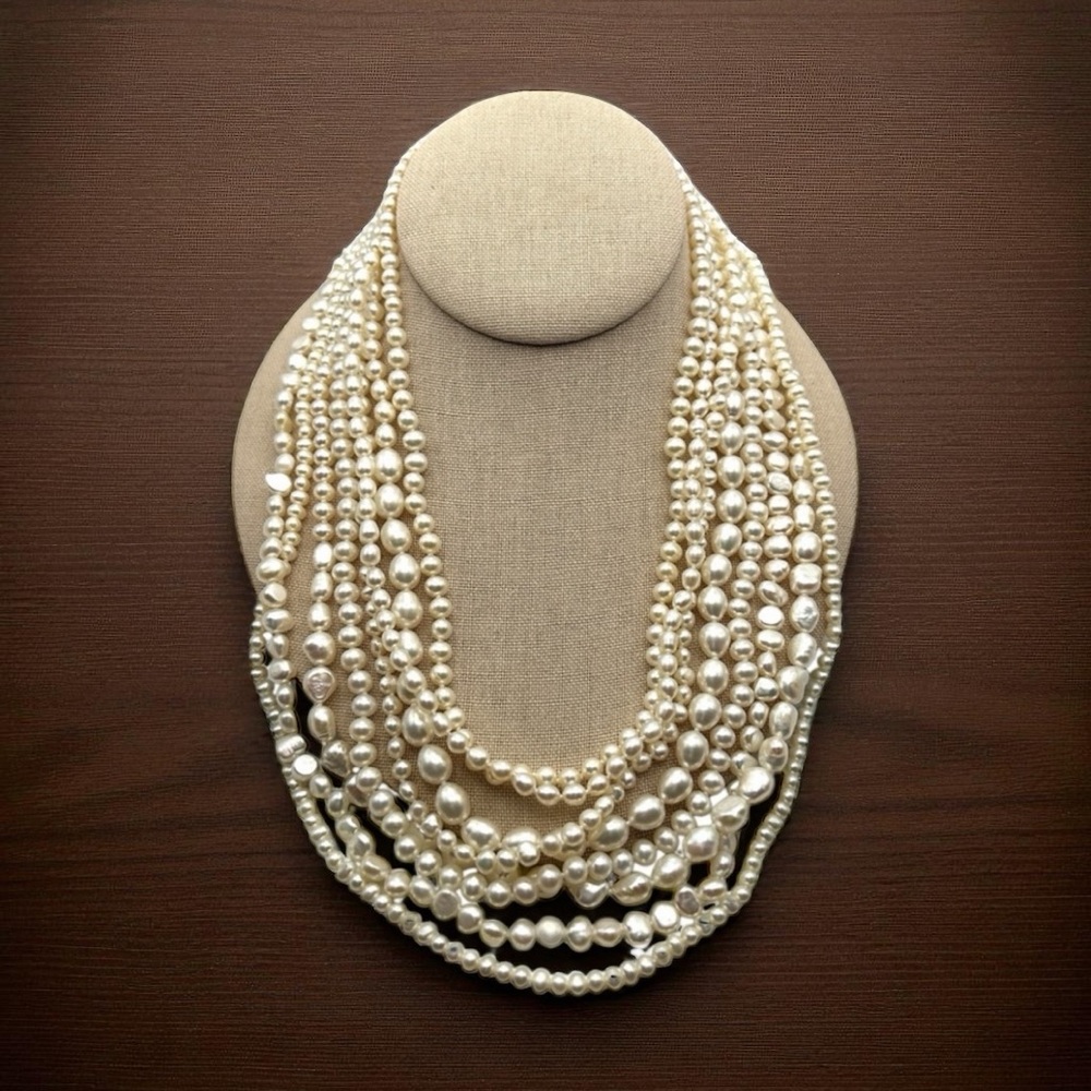 Beautiful Genuine Freshwater Baroque Pearl 8 Strand Necklace 925 Sterling Silver
